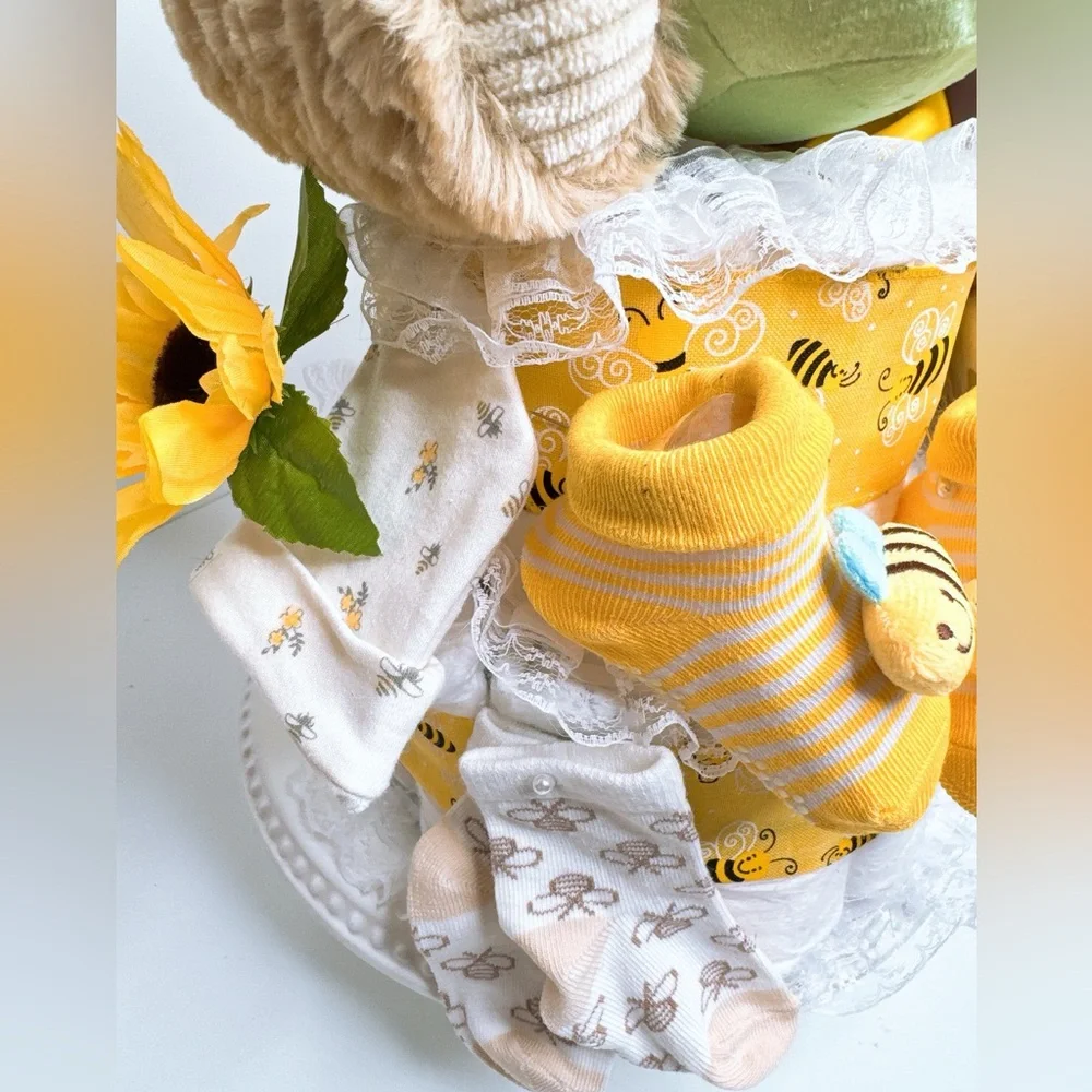 Hunny Bear Bee Diaper Cake with Sunflower Accents, Baby Shower Gift